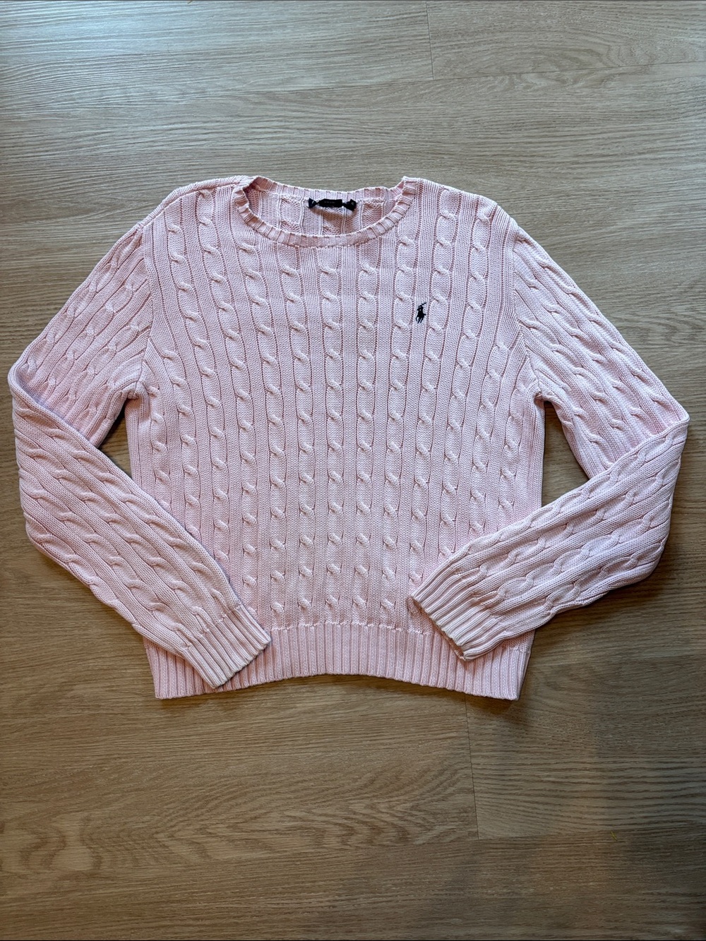 VTG Polo Ralph Lauren Womens XL Cable Knit Crewneck Sweater 90’s Pink Distressed